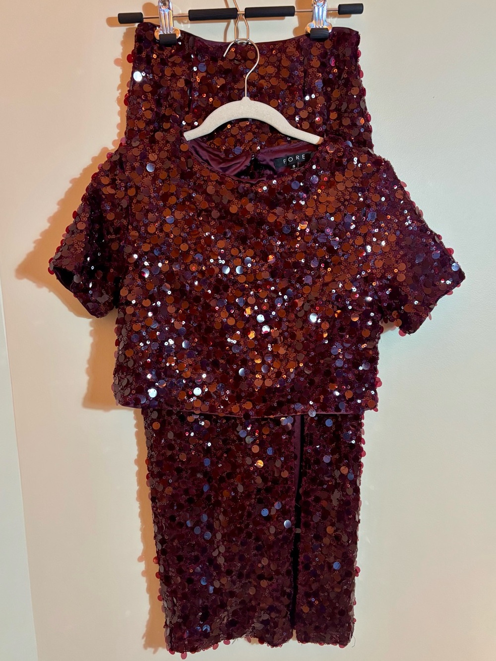 FORE Sequin Paillette Two-Piece Crop Top & MIDI Skirt Set in Deep Burgundy Small